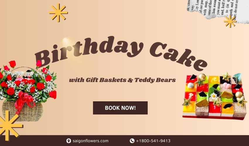 Birthday Cake with Gift Baskets & Teddy Bears