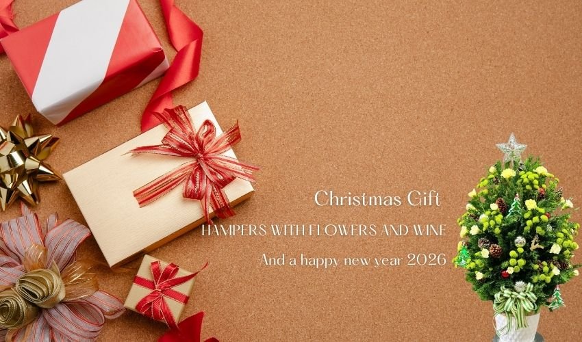Christmas Gift Hampers with Flowers and Wine