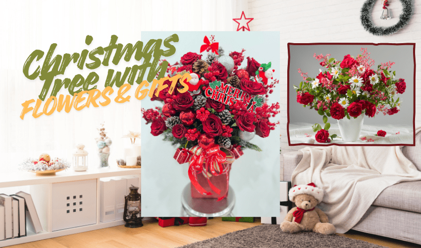 Christmas Tree with Flowers & Gifts – Elegant Holiday 
