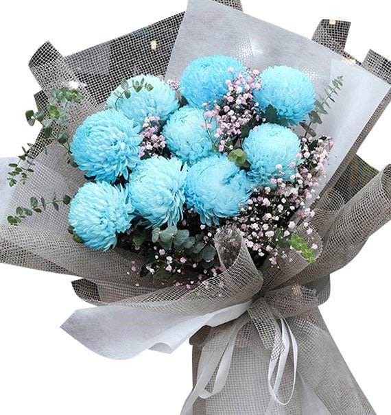 10 Light Blue Peony Chrysanthemum Bouquet