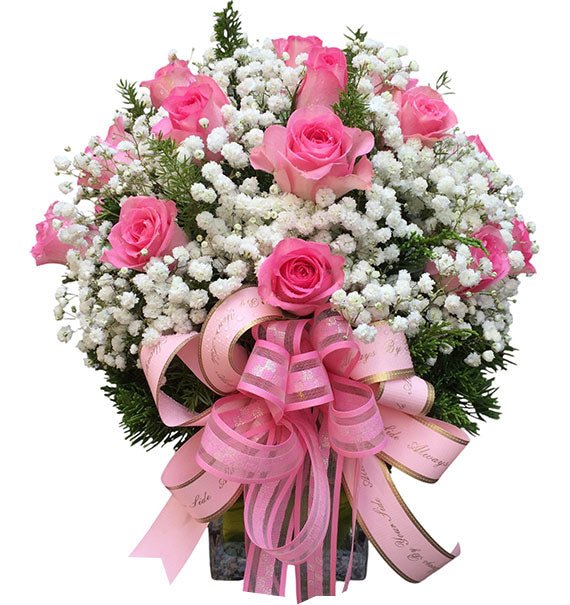 12 Pink Roses In Vase