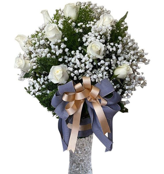 12 White Roses In Vase