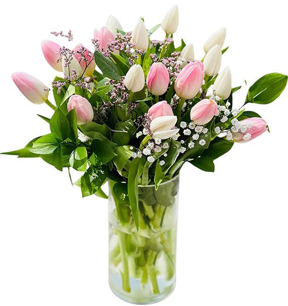 20 Pink & White Tulips In Vase