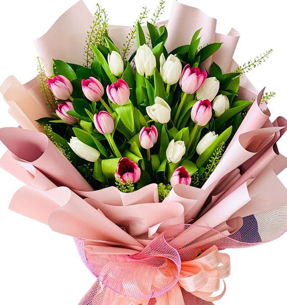 20 White & Pink Tulips Bouquet