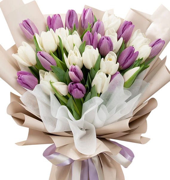 30 Purple & White Tulips Bouquet