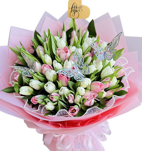 50 Pink and White Tulips Bouquet Vietnam