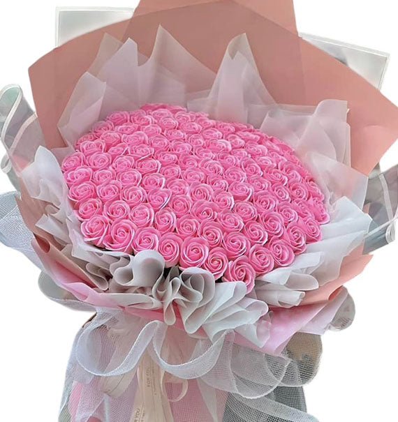 99 Pink Waxed Roses Bouquet