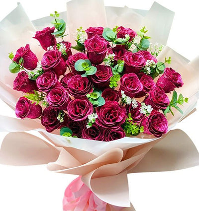 Dark Pink Glitter Wax Roses Bouquet