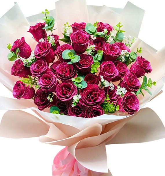 Dark Pink Glitter Wax Roses Bouquet