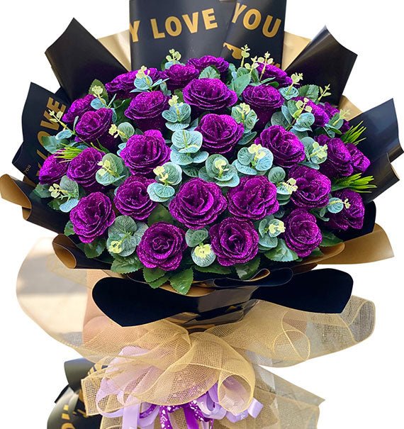 Dark Purple Glitter Wax Roses Bouquet
