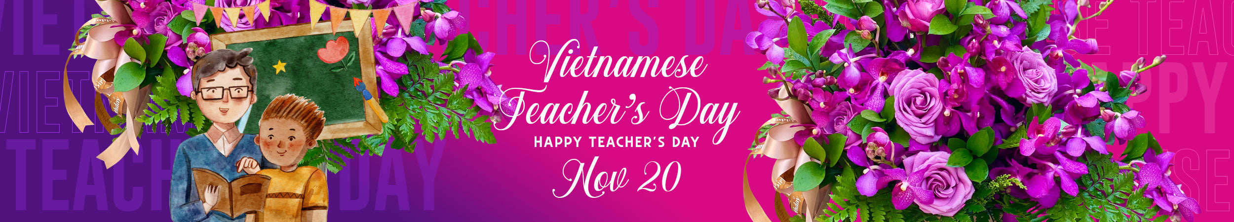 Banner celebrating Vietnamese Teacher's Day with flowers and text on a pink background